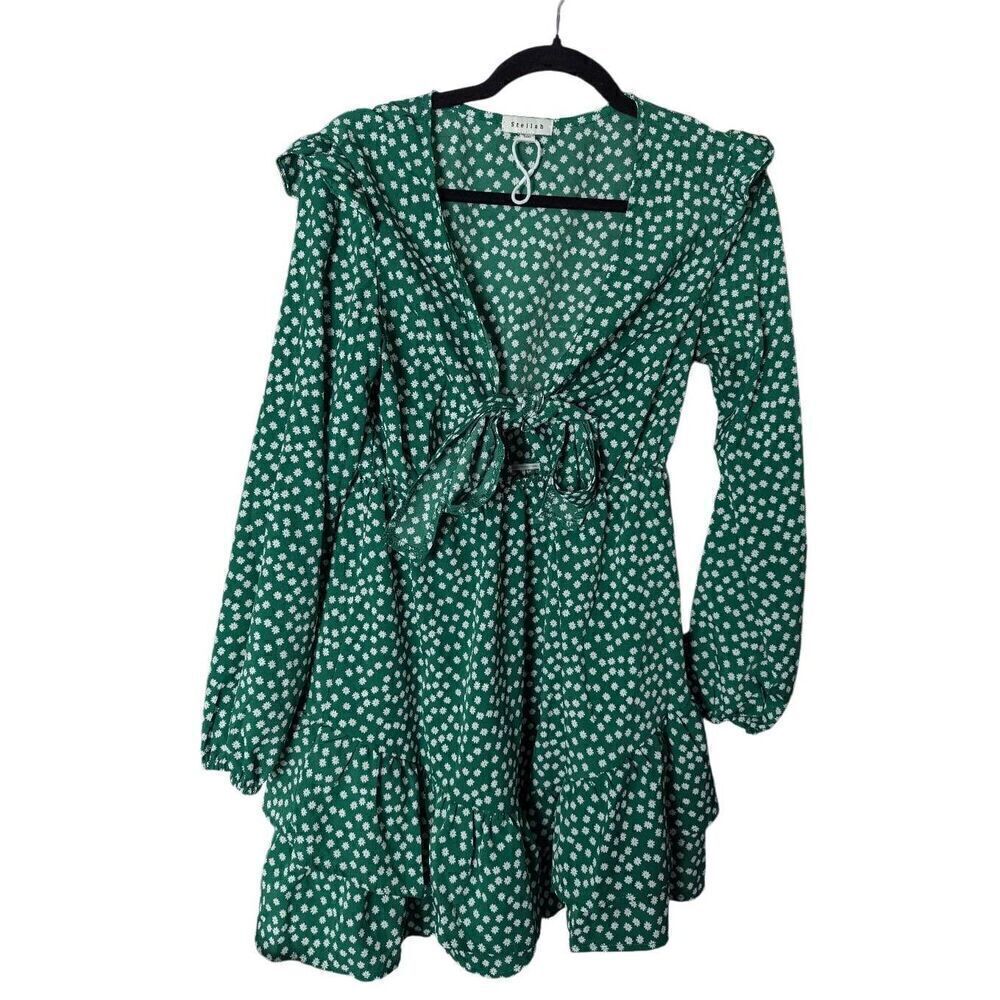 Stellah long sleeve ruffle floral green dress Large